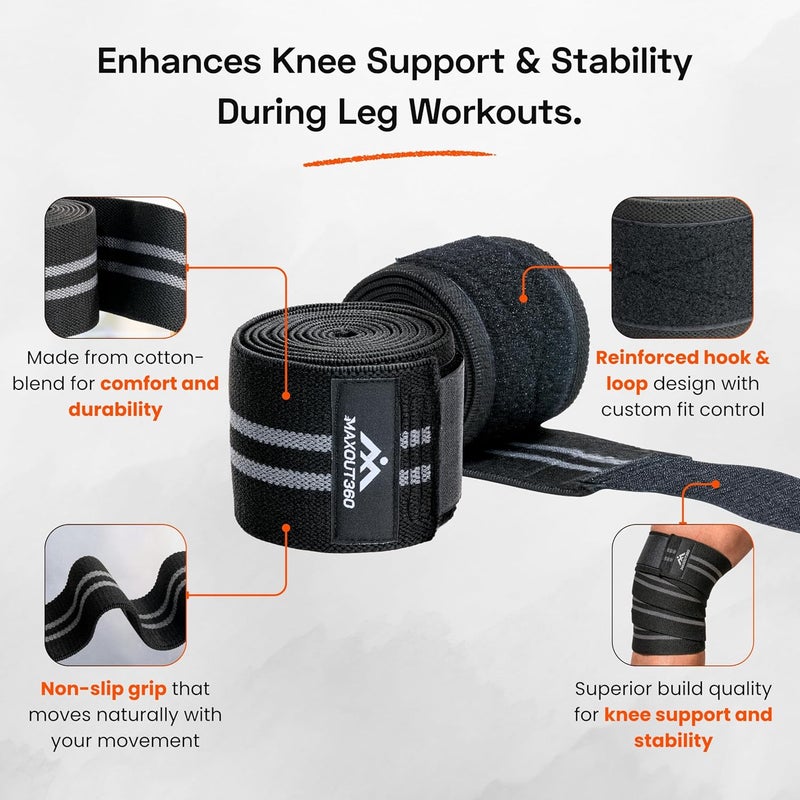 MaxOut360 Knee Wraps for Weightlifting (Pair), 78" Cotton Knee Wrap for Squats & WODs, Knee Straps for Powerlifting with Compression & Elastic Support, Black - Image 2